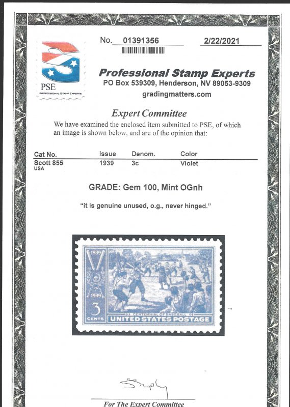 855 Mint,OG,NH... PSE graded Gem 100... SMQ $225.00... None graded higher