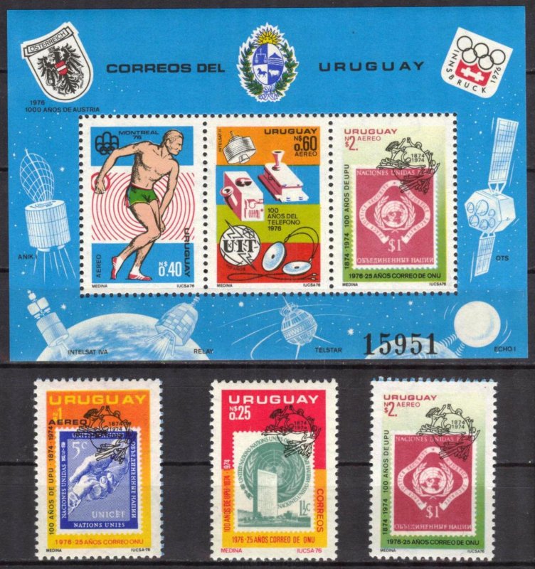 Uruguay 1976 Olympics Games Football Soccer UPU UIT Space set of 3 + S/S MNH