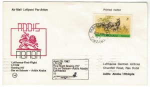 Tanzania 1982 Cover Stamps First Flight Dar es Salaam Addis A Ethiopia Lufthansa