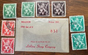 1944 Belgium Set of 8 Used/Cancelled Littleton Stamp Company 83-I