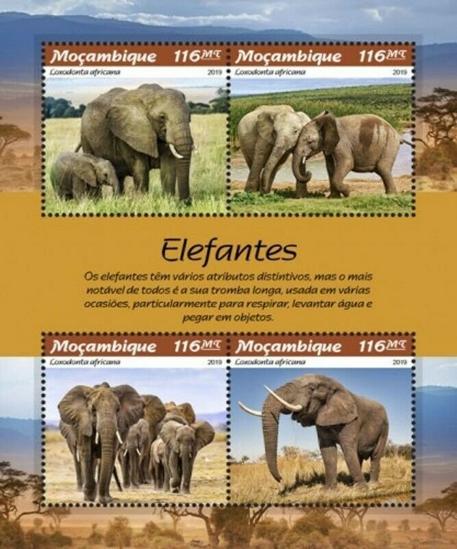 Mozambique - 2019 Elephants - 4 Stamp Sheet - MOZ190106a 