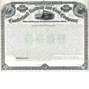 Cumberland Railway and Coal Co. 1886 30 year bond PROOF, Canada Bank Note Co.