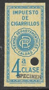 COLOMBIA c1950 4th Class Cigarette Tax Paid Revenue SPECIMEN