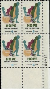 Scott # 1385 1969 6c multi Litho& Hope For the
Crippled ; TAGGED Plate Block ...