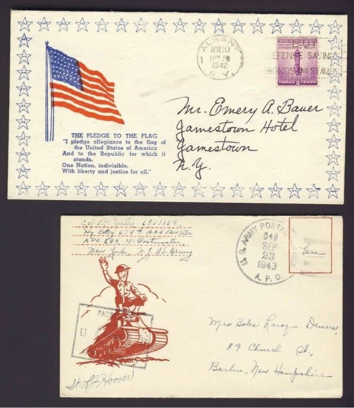 2x USA Military related covers U.S. Flag cachet & soldier riding on top of tank