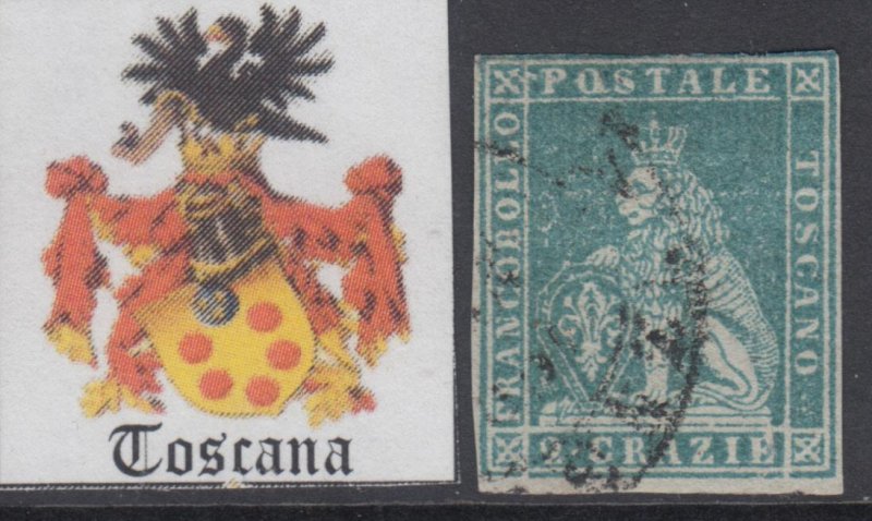 ITALY - TOSCANA 1851 - n. 5f - 2 crazie verde azzurro su grigio cat 480$