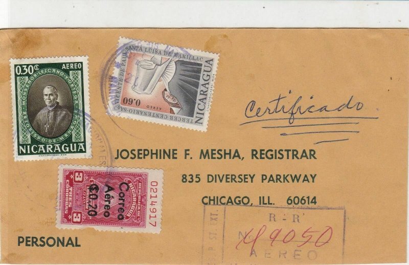 Nicaragua 1964 Registered Airmail 3x Stamps Cover to illinois USA Ref 25557