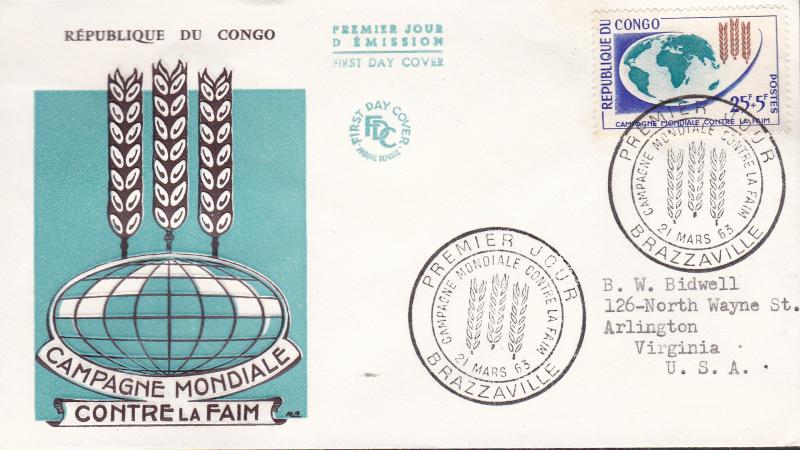 Congo 1963 Scott B4 Semi-postal FAO Freedom From Hunger FDC. Typed Address