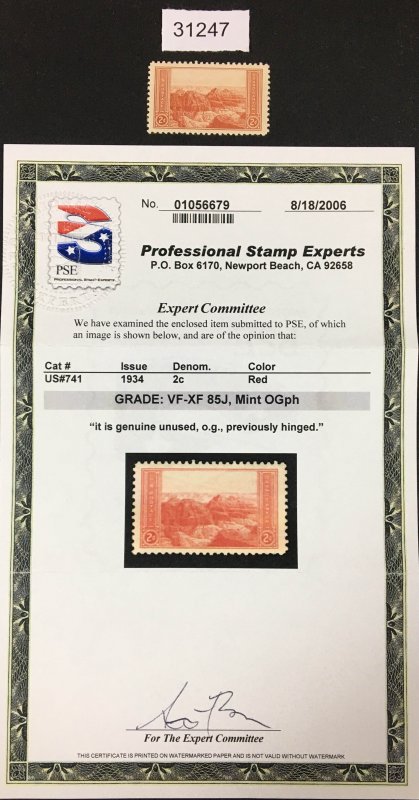 US STAMPS  # 741 MINT OG H *PSE GARDED VF-XF 85 JUMBO CERT*  LOT #31247