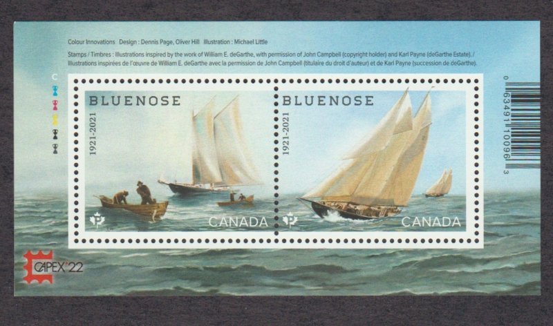 Canada 3293c Bluenose ship - SS sheet - MNH - with Capex22 imprint