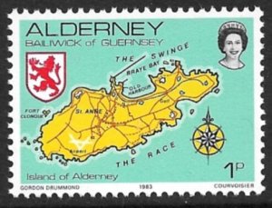 ALDERNEY 1983 QE2 1p MAP and ARMS Pictorial Sc 1 MNH