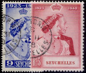 SEYCHELLES GVI SG152-153, 1949 ROYAL SILVER WEDDING set, FINE USED. Cat £48.