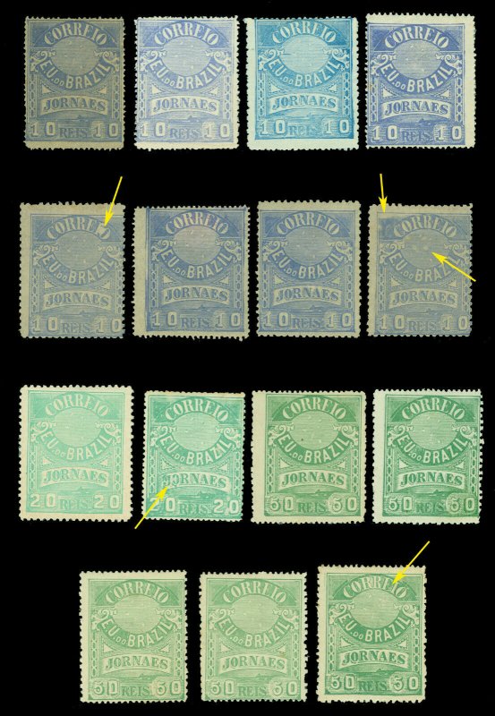 BRAZIL 1890-93 NEWSPAPER STAMPS 10r-50r Sc# P22-P25(perfs. shades.) MH study lot