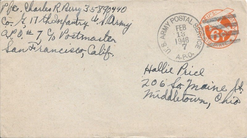 APO 7, Kyong song, Korea to Middleton, OH 1946 Airmail (M5699)