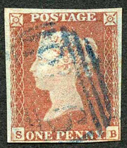 1841 Penny Red (SB) Plate 87 Pmk in BLUE Fine Four Margin Cat 250 Pounds