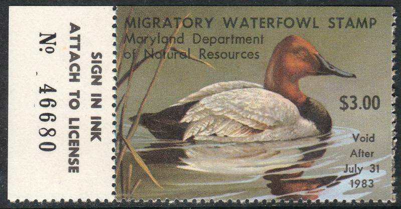 U.S.-MARYLAND 9, STATE DUCK HUNTING PERMIT STAMP WITH TAB. MINT, NH. VF