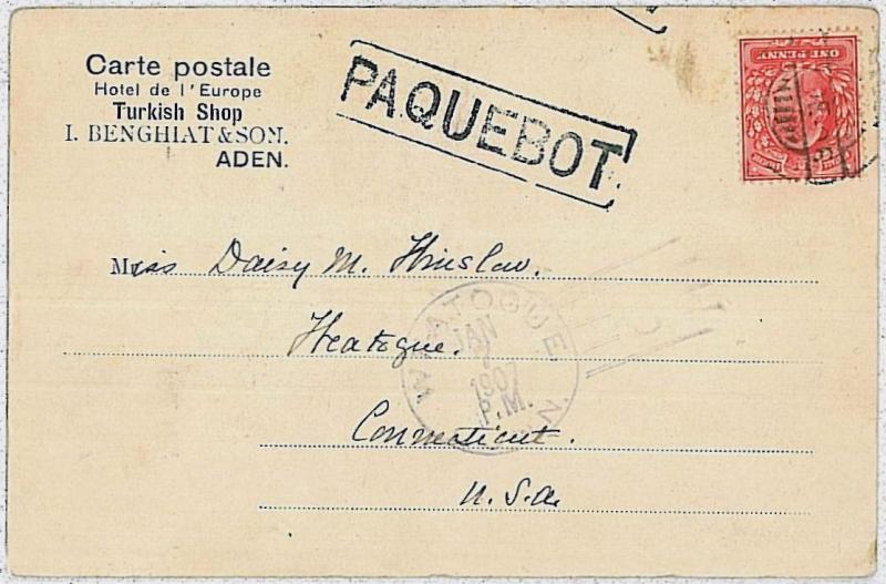 PAQUEBOT \ BOATS : Postal History - ADEN - postcard to USA 1906