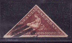 Cape of Good Hope-Sc#12-used 1p dark carmine-Hope Seated-1863-4-            