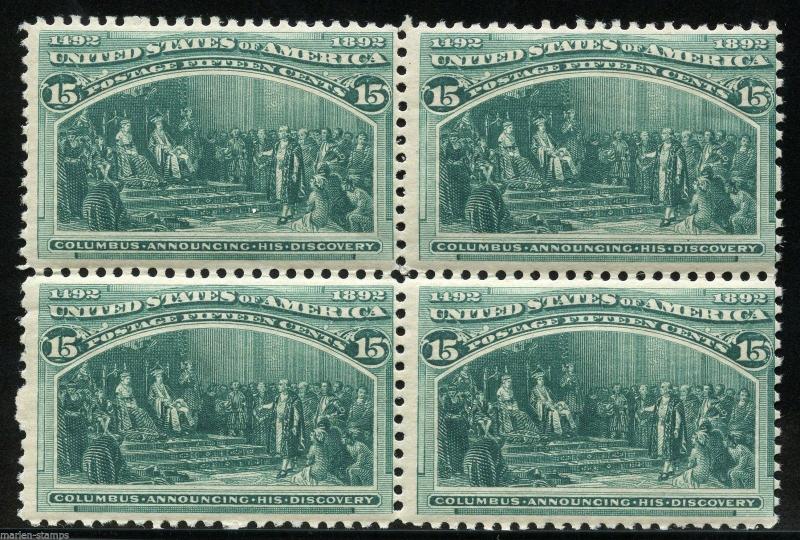 UNITED STATES SC# 238 15-CENT COLUMBIAN BLOCK OF FOUR MINT NEVER HINGED