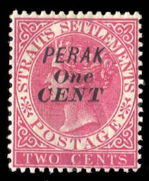 Malayan States - Perak SG53 Cat£200, 1891 1c on 2c bright rose, hinged, with...