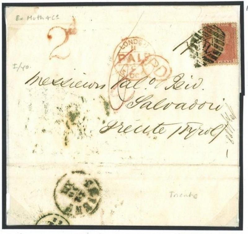 N20c 1868 GB BULK PREPAID DESTINATION MAIL London H Cancel Trient Tyrol Austria