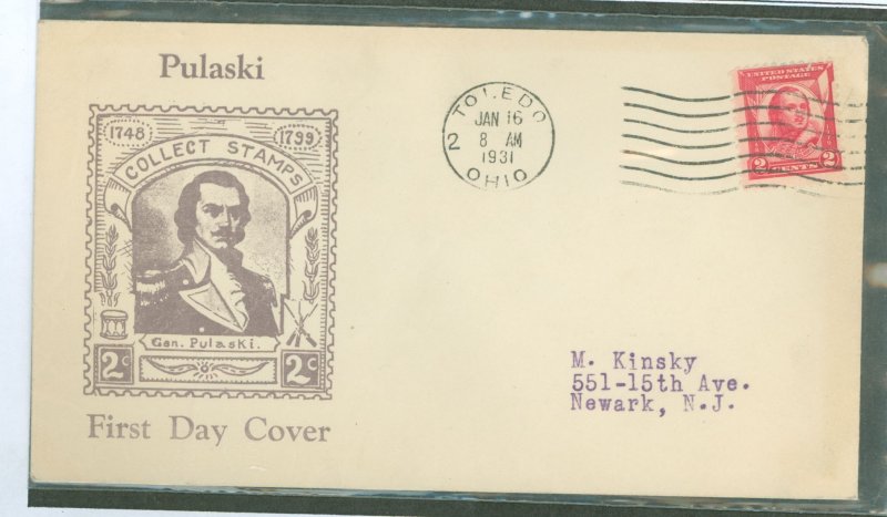 US 690 1931 2c General Casimir Pulaski (single) on an addressed FDC with a Roessler cachet and a Toledo cancel.