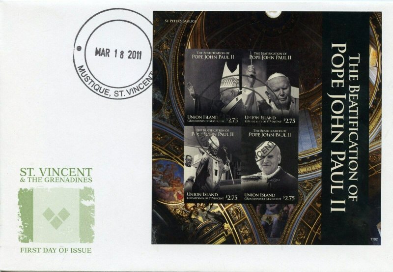 UNION ISLAND  2011 BEATIFICATION OF POPE JOHN PAUL II  IMPERF SHEET ON FDC