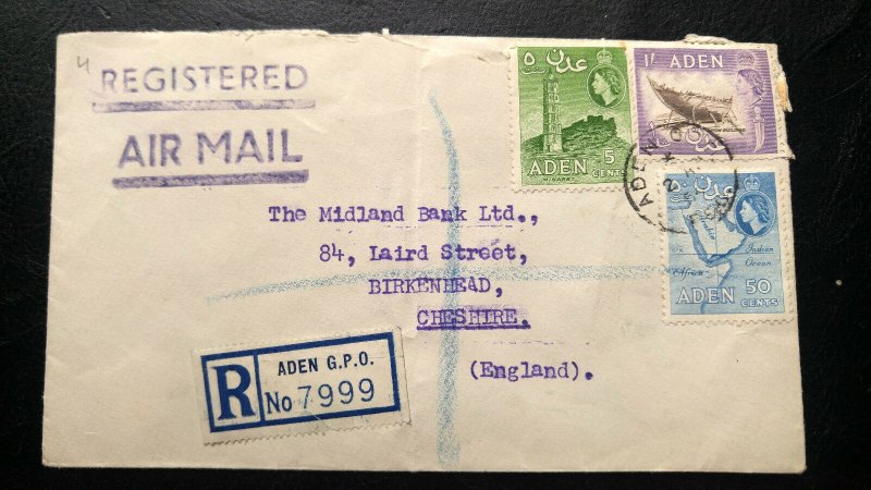 RARE ADEN 1954 “NATIONAL BANK OF INDIA” REGISTERED COVER TO UK WITH BANK SEALING