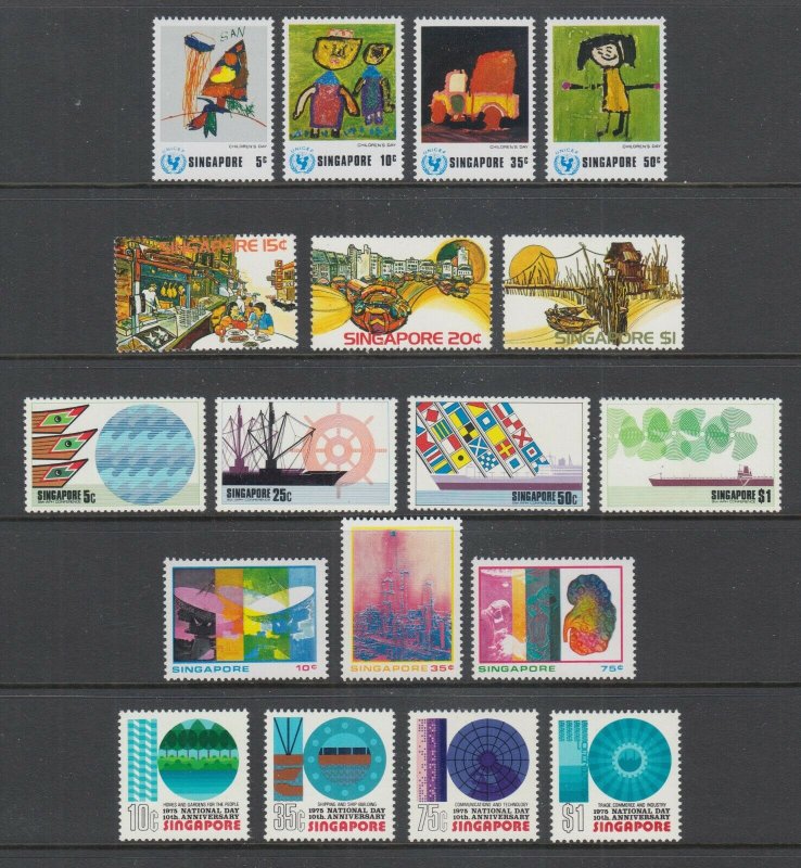 Singapore Sc 218-235 MNH. 1974-75 issues, run of 5 complete sets, fresh, bright