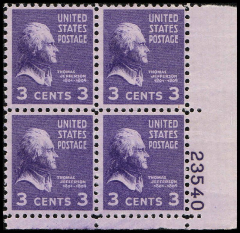 US #807 JEFFERSON MNH LR PLATE BLOCK #23540