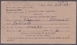 SOUTH AFRICA 1943 Prisoner of War postcard to ITALY..........................727