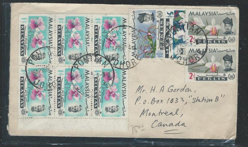 MALAYA PERLIS  (PP2508B) ORCHID STAMPS X3+ SABAH X1+KELANTAN X6 A/M TO CANADA