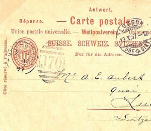 Switzerland REPLY CARD Posted GB *Shepperton* Duplex Middx Lucerne 1897 MS2615