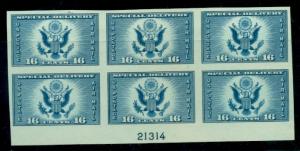 US #771 16¢ dark blue, Imperf Plate No. Block of 6, no gum as issued, VF