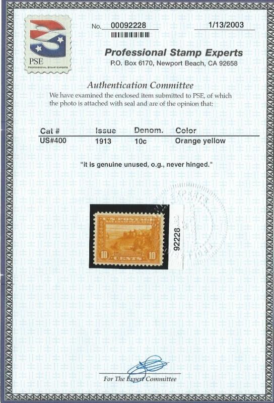 400 MNH,  10c. Panama-Pacific, PSE Certificate, scv: $270