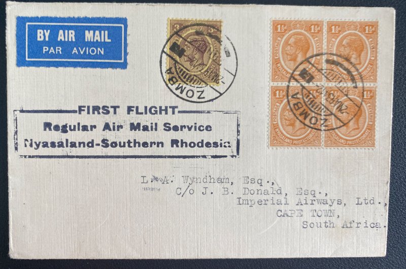 1934 Zomba Nyasaland First Flight Airmail Cover To Cape Town South Africa