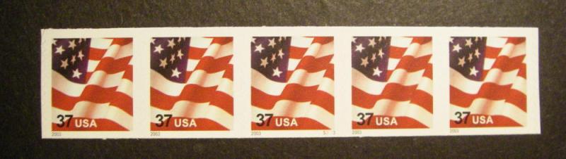 Scott 3632A, 37c Waving Flag, PNC5 #S3333, uneven tag, MNH Coil Beauty