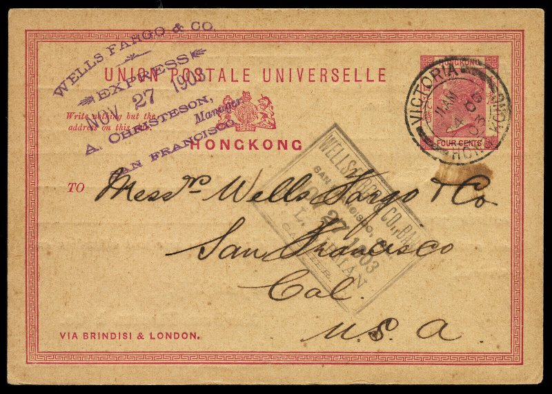 1903 Hong Kong Victoria postal card to San Francisco, Wells Fargo, China Express