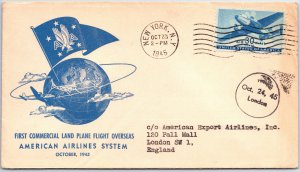 U.S. COVER FIRST COMMERCIAL LAND PLANE FLIGHT OVERSEAS AMERICAN AIRLINES 1945