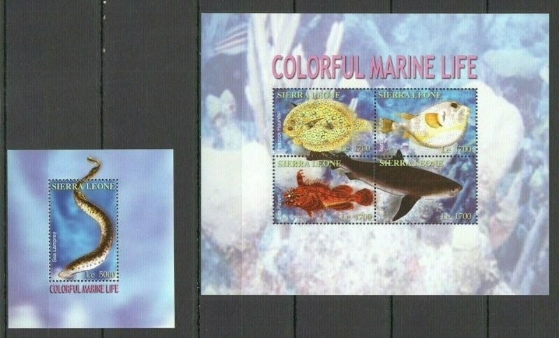 A0331 SIERRA LEONE COLORFUL MARINE LIFE FISHES SHARKS FAUNA KB+BL MNH