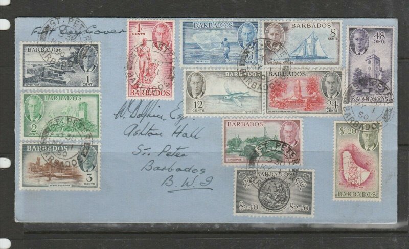 Barbados 1950 Defs on FDC, Plain SG 271/82, see notes