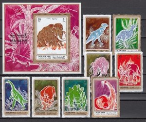 Manama, Mi cat. 681-685, BL135A. Dinosaurs set & s/sheet. ^