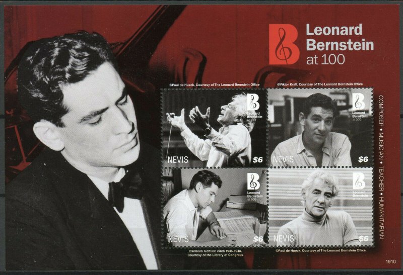 Nevis 2019 MNH Leonard Bernstein at 100 4v M/S Composers Music People Stamps