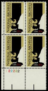 1984 National Archives Plate Block of 4 20c Postage Stamps, Sc# 2081, MNH, OG