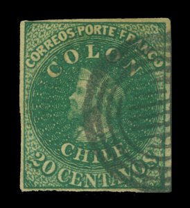 CHILE 1862 COLUMBUS - London print - 20c very dark green Sc# 13 used VF-XF