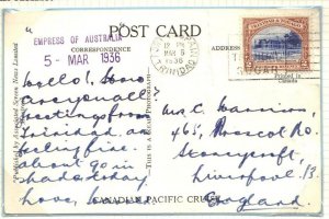 TRINIDAD & TOBAGO 1936 PORT OF SPAIN CANCEL ON P.C. FRANKED 2¢ SURFACE MAIL TO