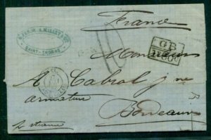 DANISH WEST INDIES 1867 Stampless St. Thomas via London to FRANCE - Brit transit 