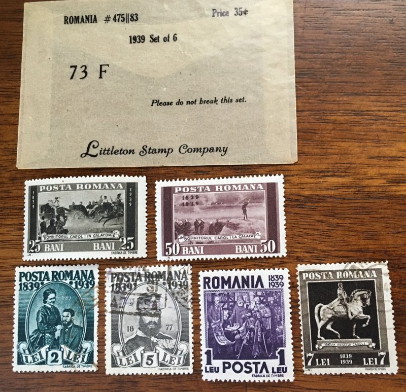 1939 Romania #475||83 73 F Set of 6 Used Littleton Stamp Company