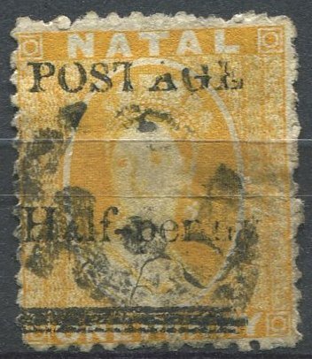 Natal Sc#61 Used, ½p on 1p yel, Queen Victoria Definitives 1874-95 (1877)