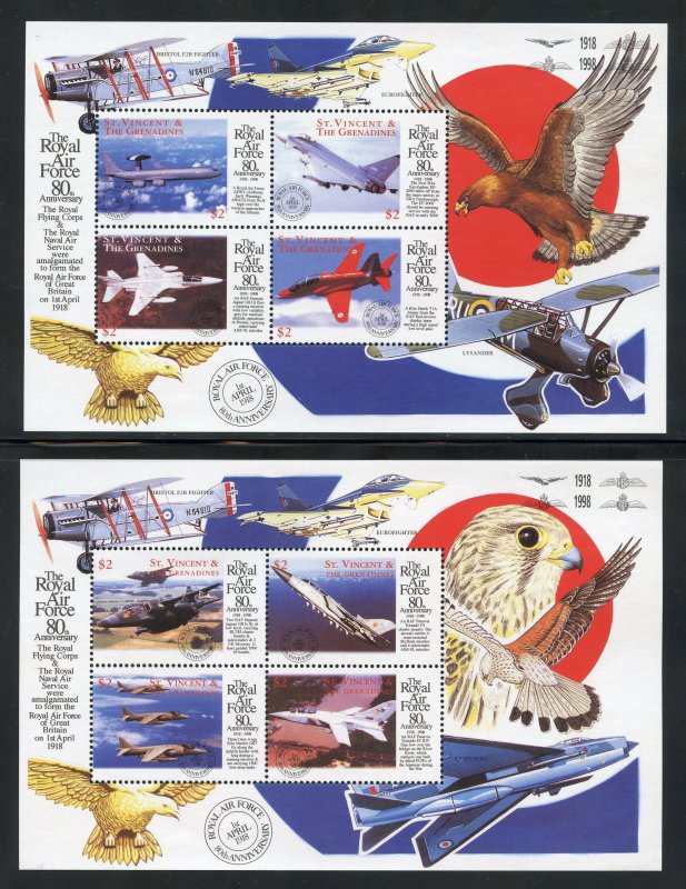 St. Vincent 2633-38 MNH, 80th. Anniv. Royal Air Force Souvenir Sheets from 1998.